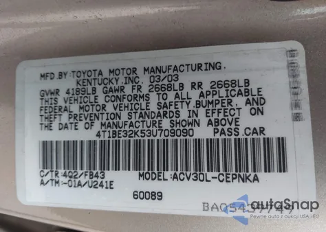 2003 Toyota Camry Le from USA, damaged, VIN 4T1BE32K53U709090